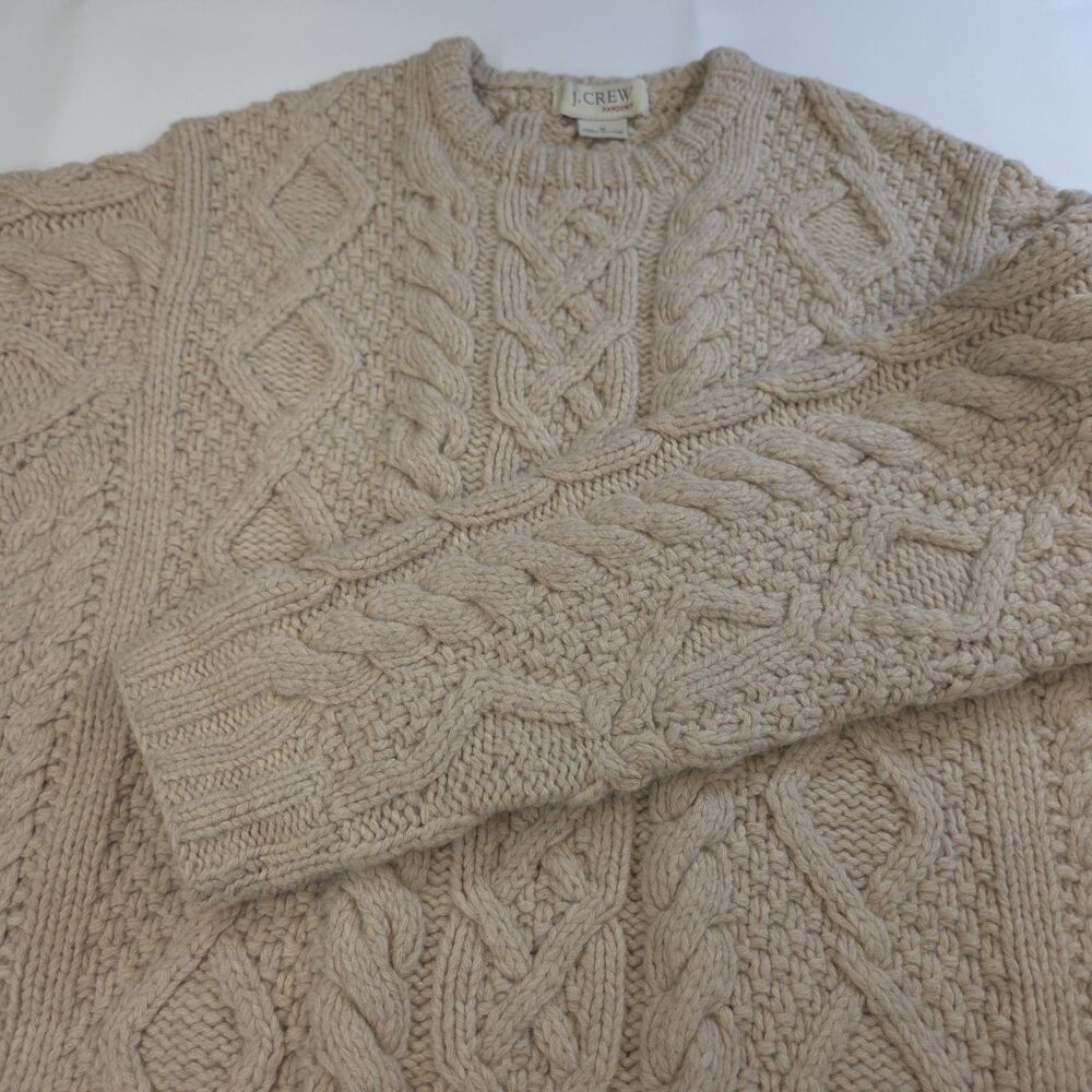 J Crew Sweater Womens M Chunky Knit Lambswool Preppy Fisherman Tan Beige Lattice - Picture 10 of 11